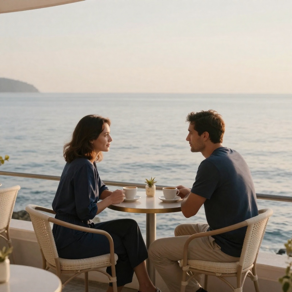 A couple sharing an intimate, unhurried coffee by the coast