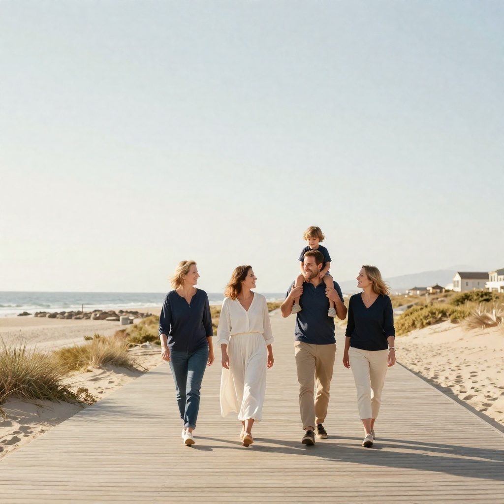 A family walking together along a relaxed coastal path