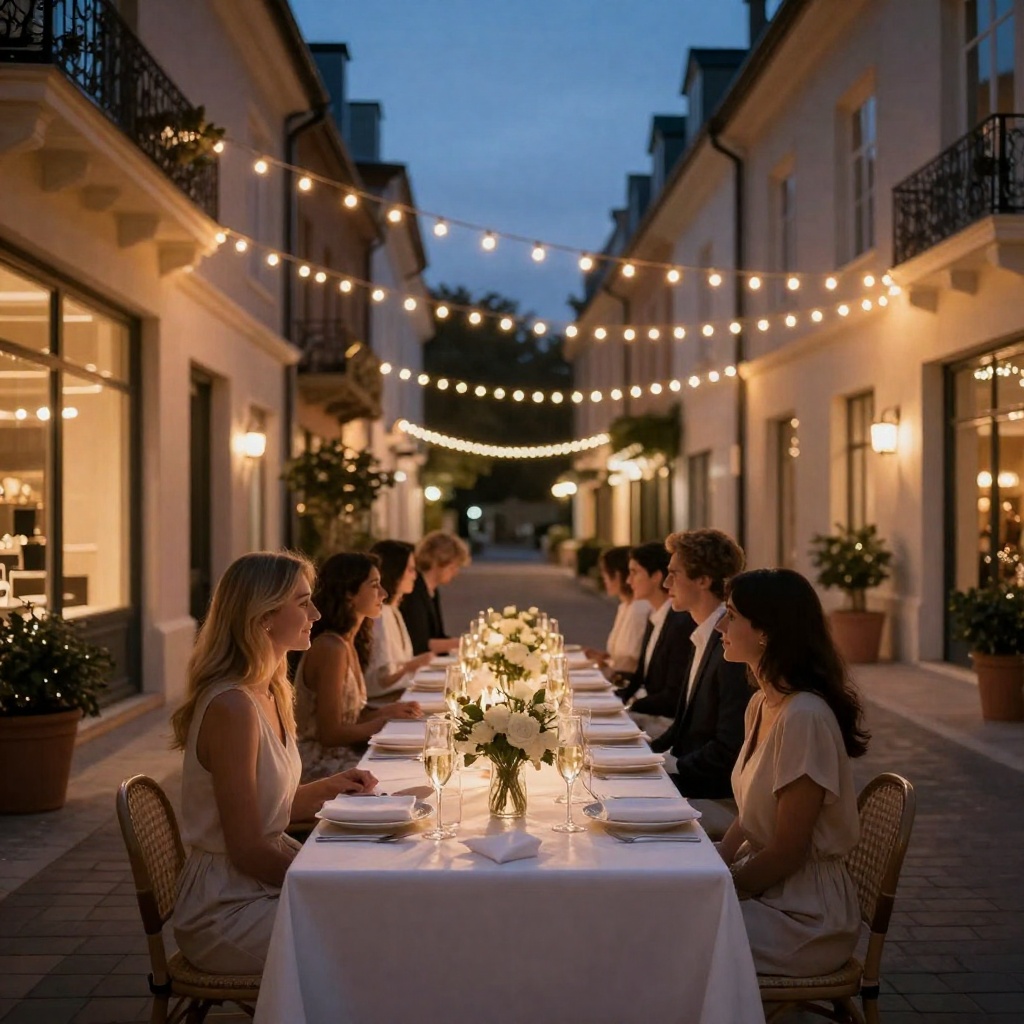 An elegant celebration dinner in a city glowing at dusk