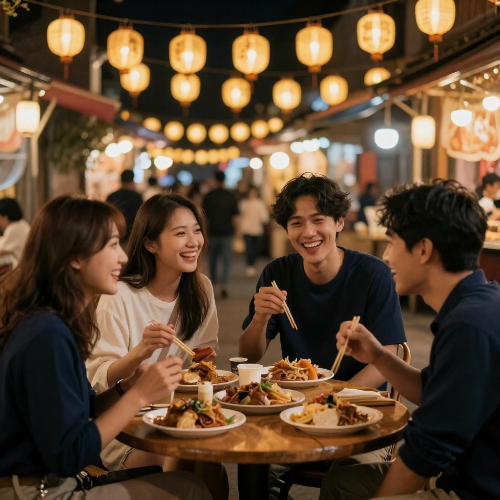 Friends enjoying street food together at a warm night market