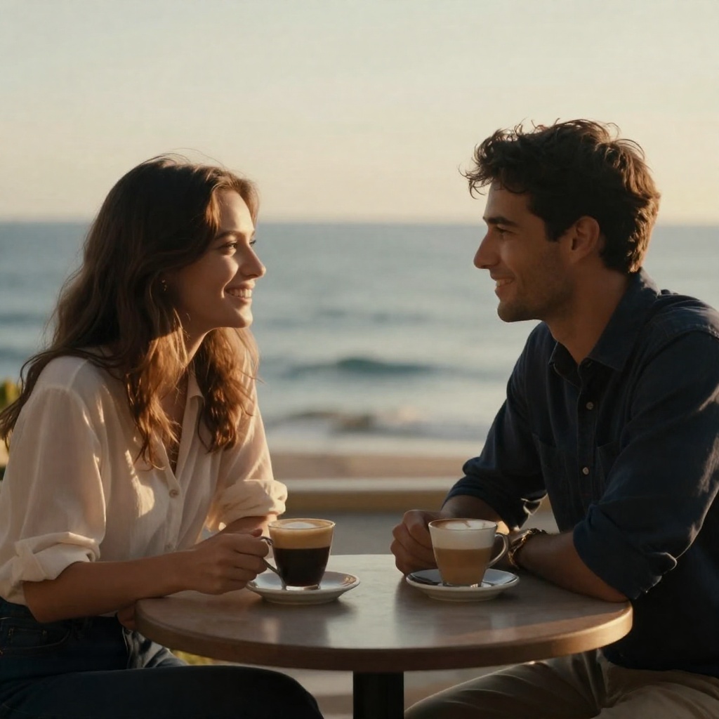 A couple sharing coffee at a quiet seaside spot