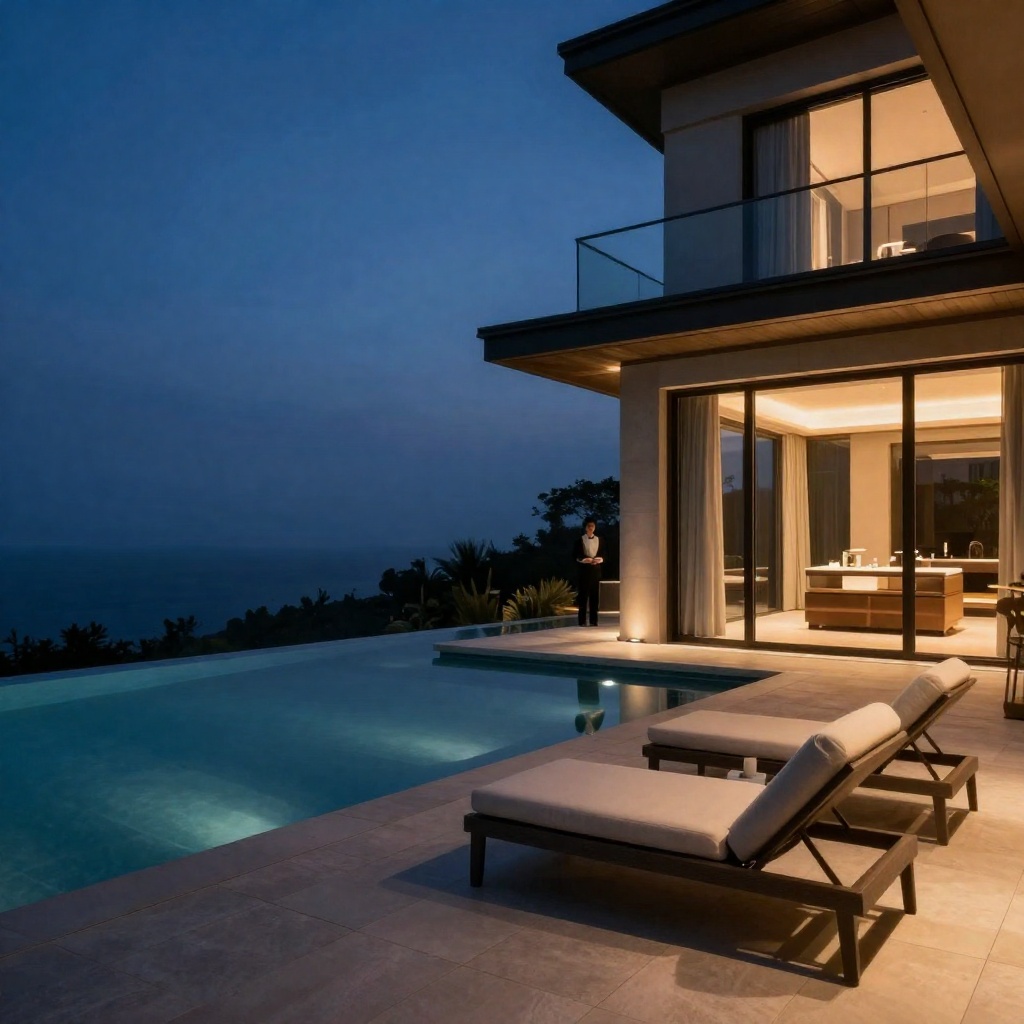 A private villa pool terrace at dusk for a VIP journey