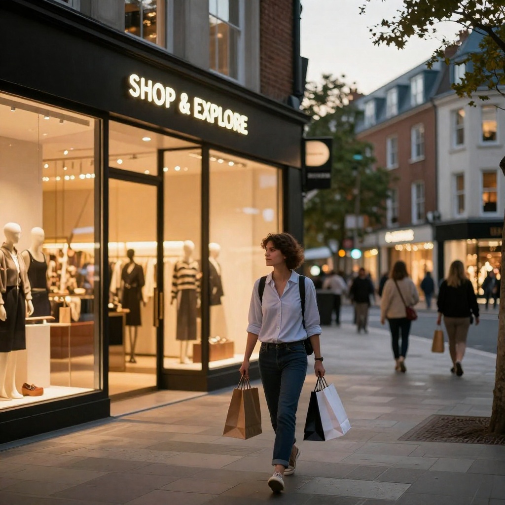 A boutique shopping district glowing softly at dusk with elegant storefronts
