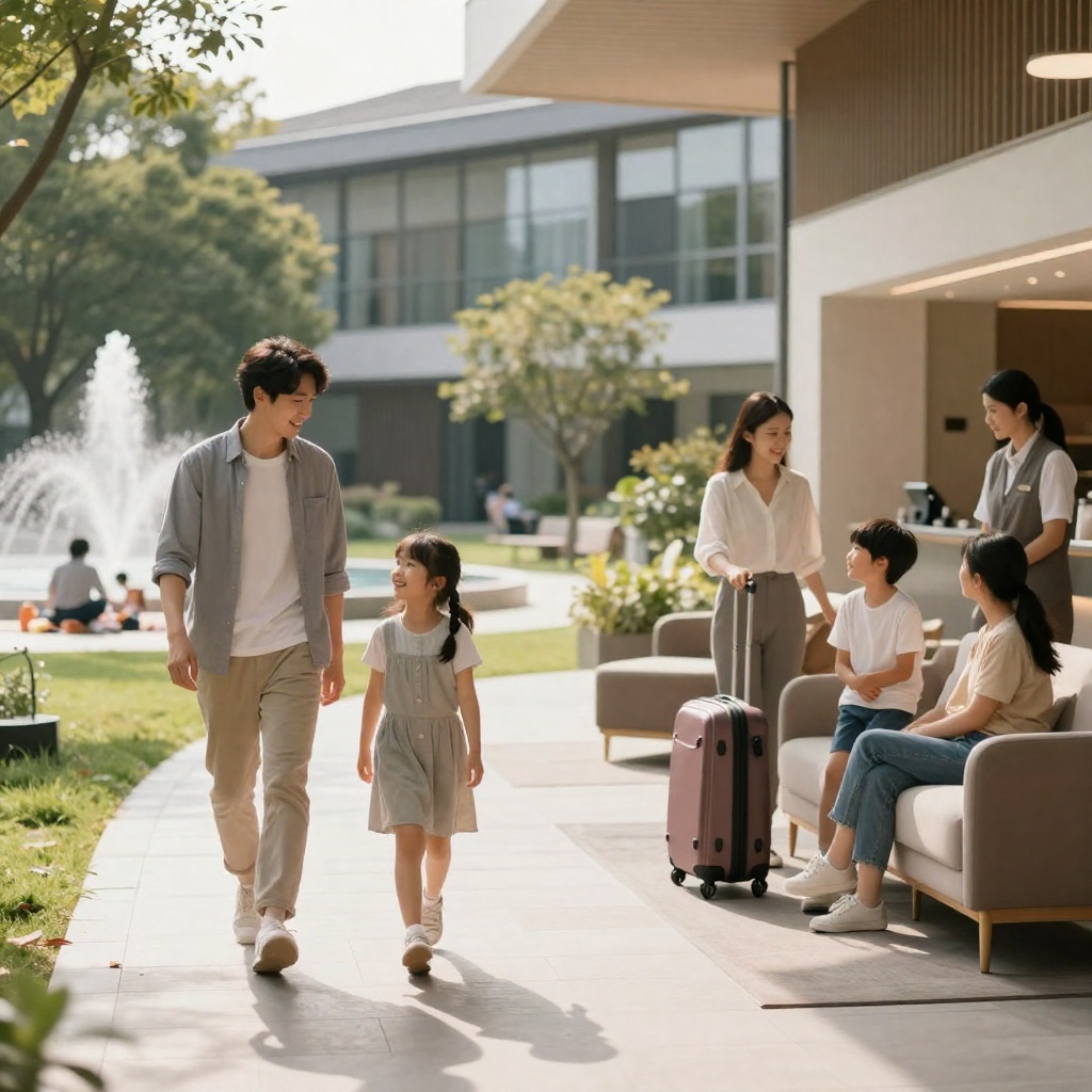 A happy family strolling together along a relaxed, comfortable travel route