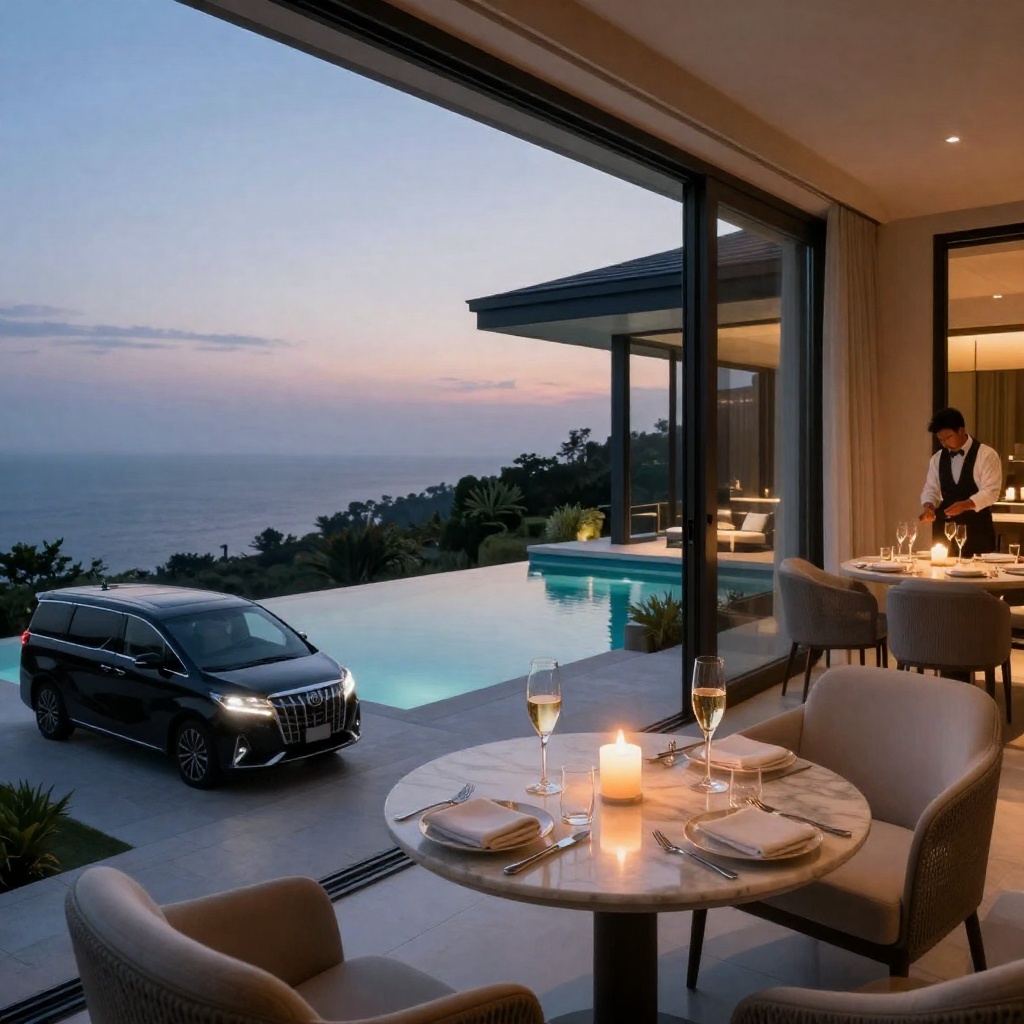 An elegant luxury pool terrace at dusk on a premium private escape