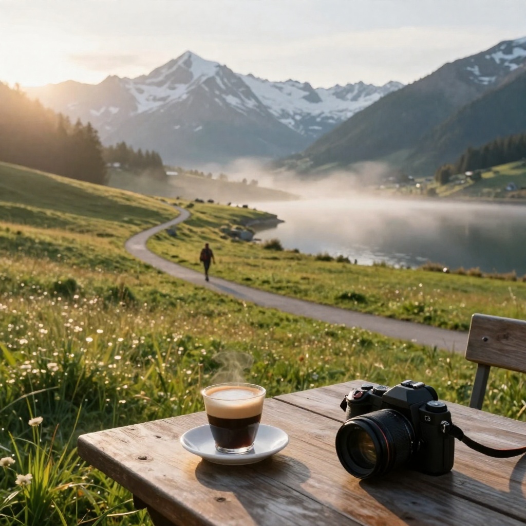 A serene alpine café with a camera and warm drink overlooking misty mountains