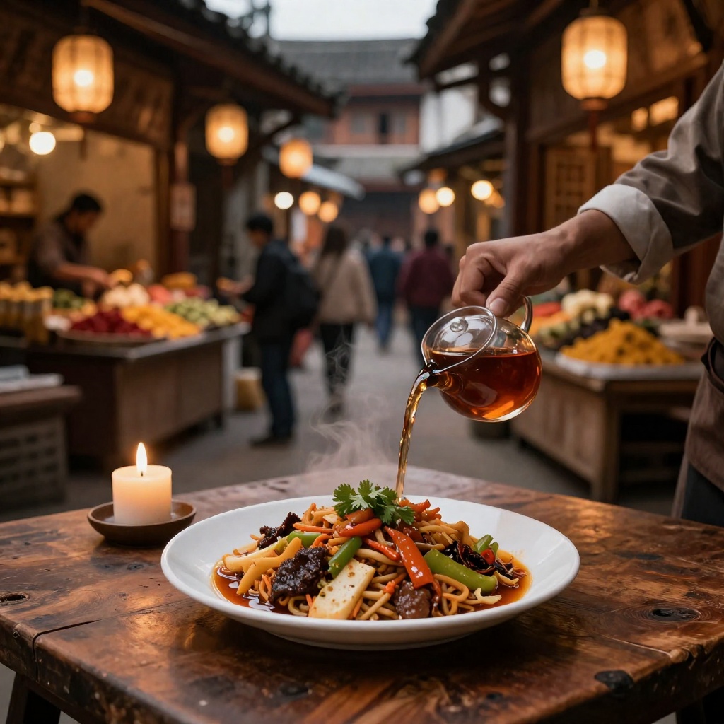 A lively traditional market street with colourful local food stalls and warm lanterns